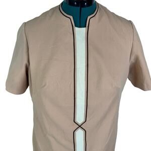 Vintage 60s Mod Space Age Shift Dress Geometric Piping Beige Uniform Costume XL